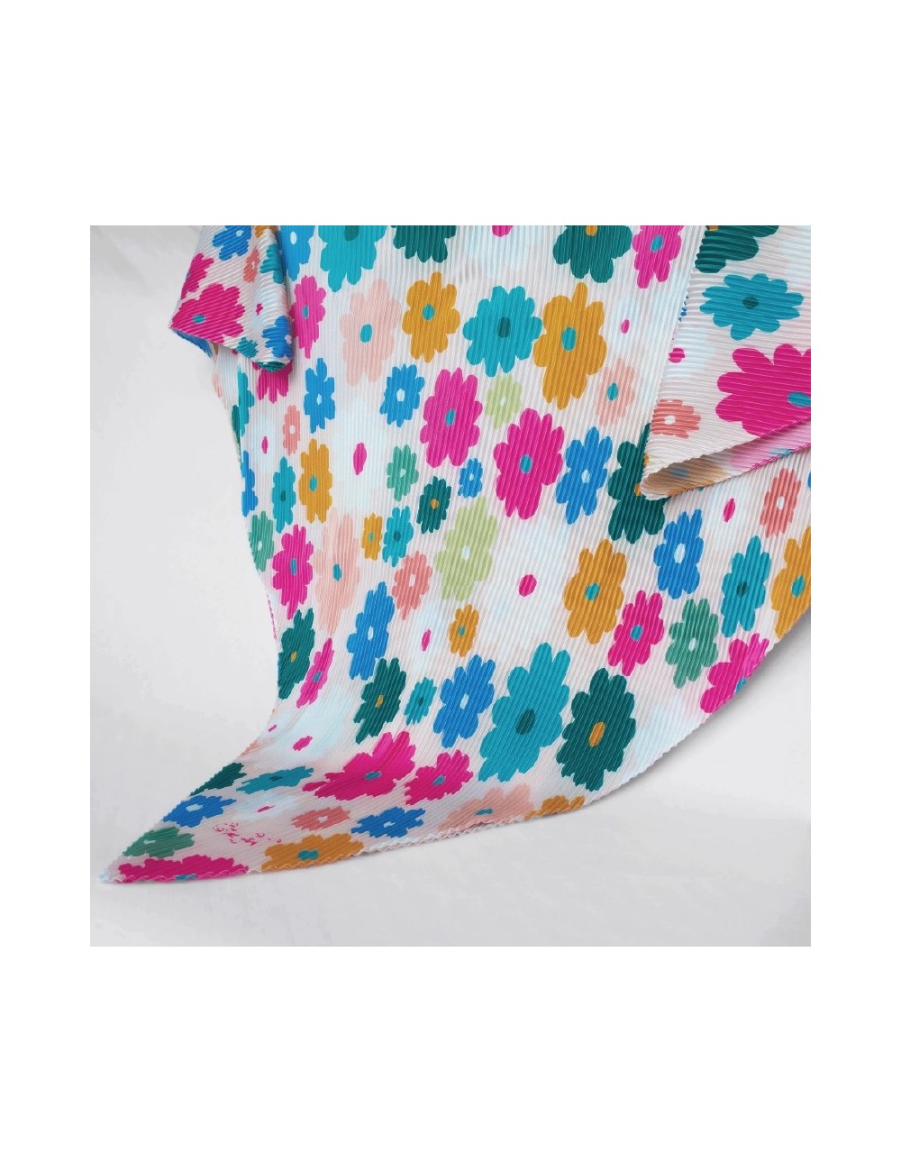 Pleated Scarf - Colorful Flower Patterned with Cream Background Pleated Scarf - Colorful Flower Patterned with Cream Background