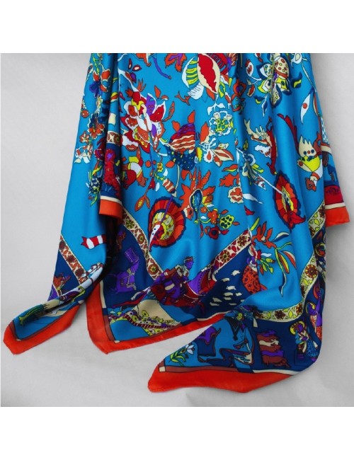 Silk Square Scarf – Blue with Orange Edge