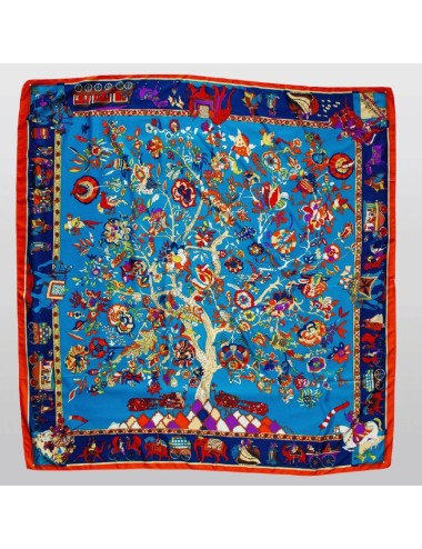 Quadratischer Seidenschal - Blau mit Orangefarbenem Rand