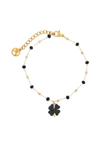 Bracelet de cristal trèfle à quatre feuilles - or jaune et noir
