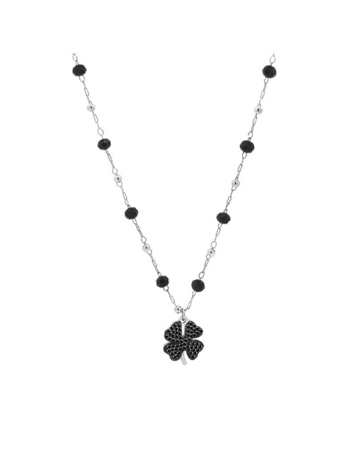 Collier de cristal trèfle à quatre feuilles argenté noir