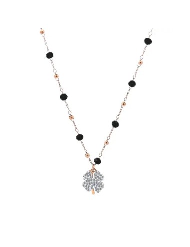 Collier de cristal trèfle à quatre feuilles rose et or blanc