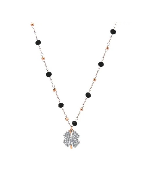 Collier de cristal trèfle à quatre feuilles rose et or blanc
